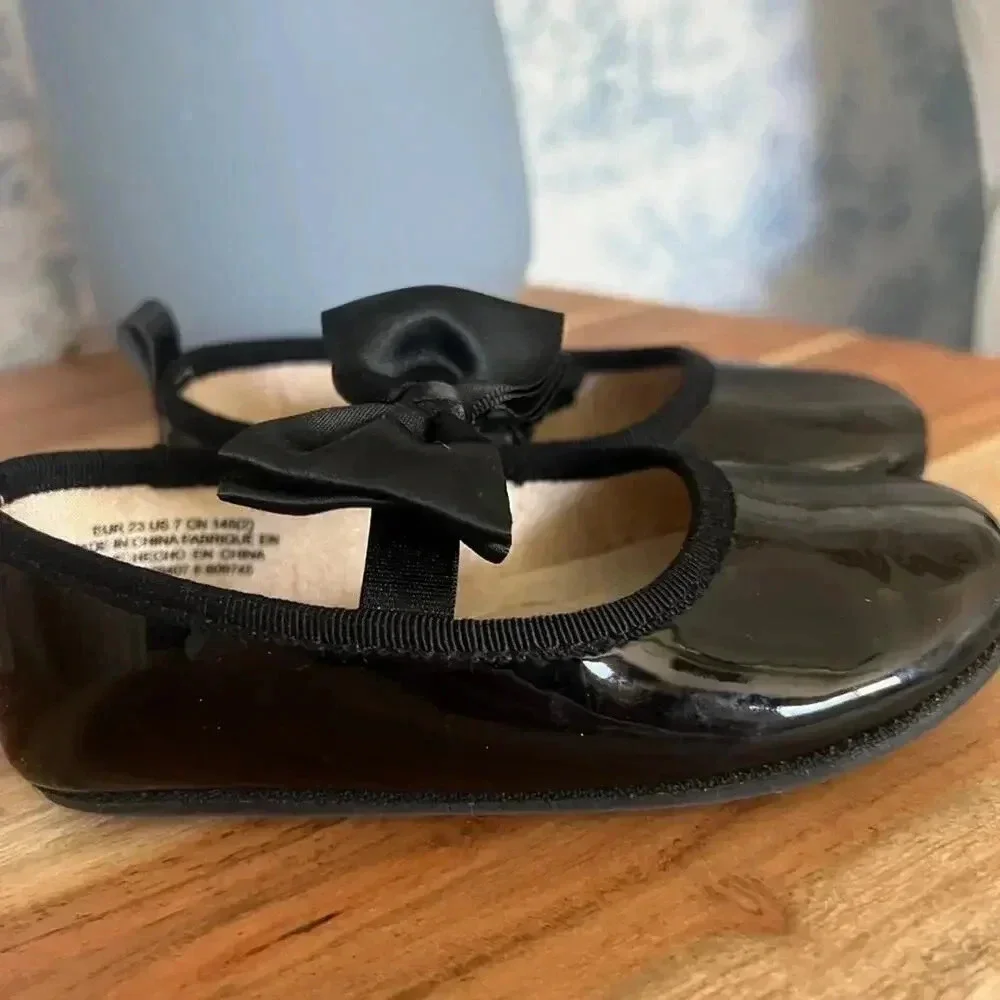 H&M ballet flats toddler girl baby black dress up shoes bows satin shiny